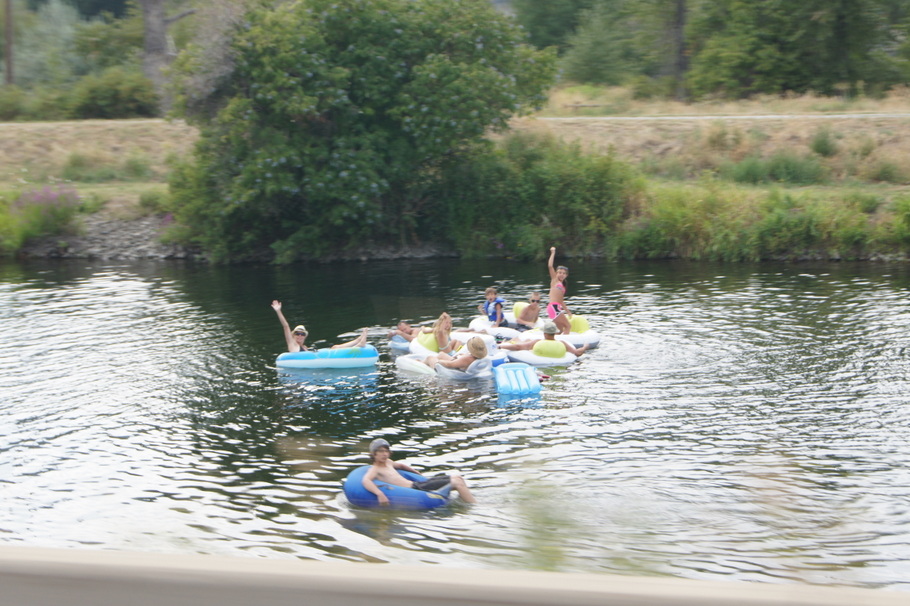 The canal next to the road in Penticton was full of rafters