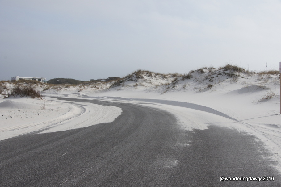 Sand covered parts of Fort Pickens Road as we exited the National Seashore