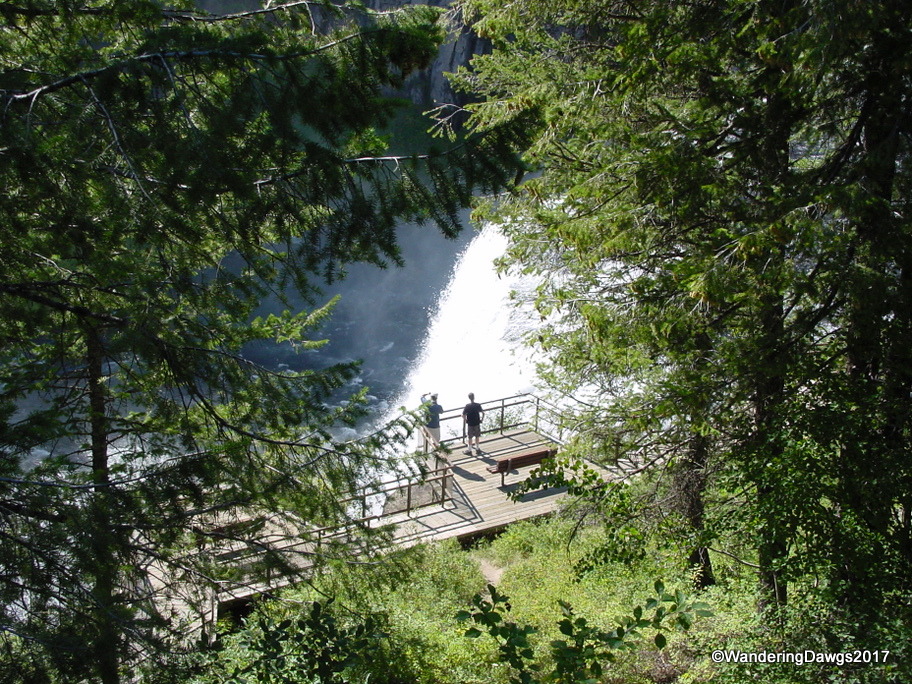Stairs lead to a viewing platform atUpper Mesa Falls, Idaho